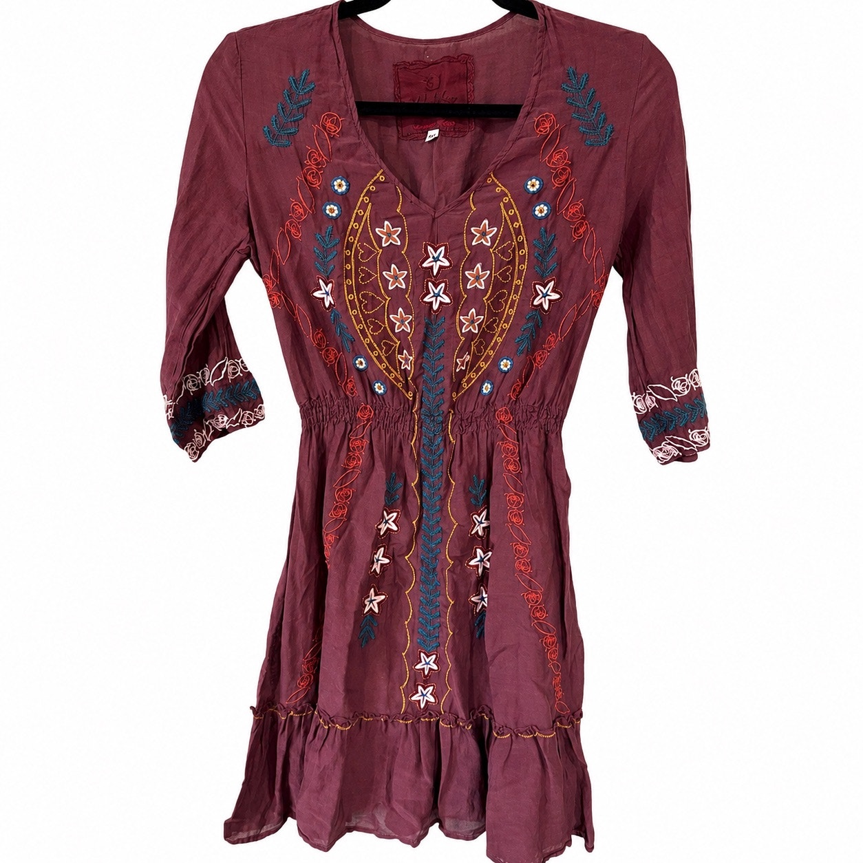 Johnny Was 3j Workshop Tunic Dress Exsmall Burgundy Western Boho Embroidered
